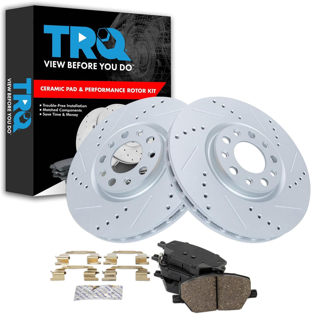 TRQ Performance Front Brake Pad and Rotor Set Ceramic Coated Drilled Slotted Rotors Compatible with 2016-2021 Fiat 500X 2017-2022 Jeep Compass 2015-2021 Renegade