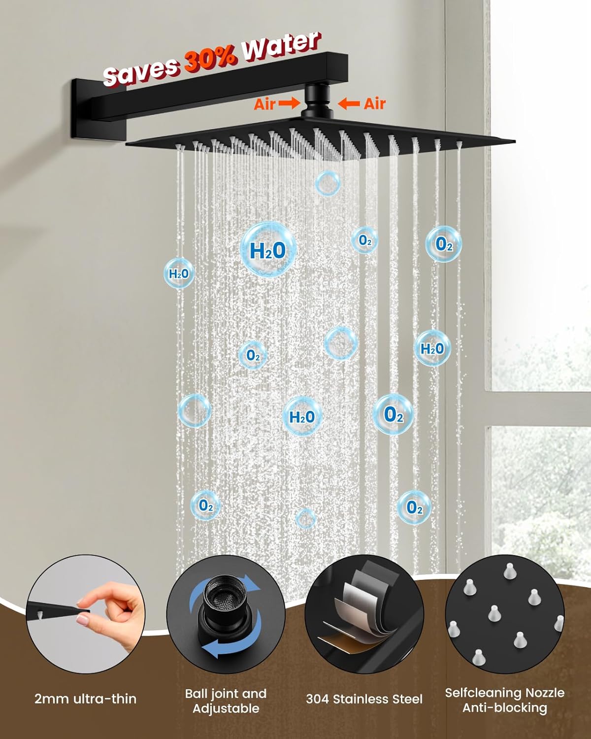gotonovo Shower System with Tub Spout,Waterfall Tub Shower Faucet Set for Bathroom Head and Handle Set Wall Mounted 3 Function Rough-in Valve and Trim Included 10 inch Shower Head Matte Black