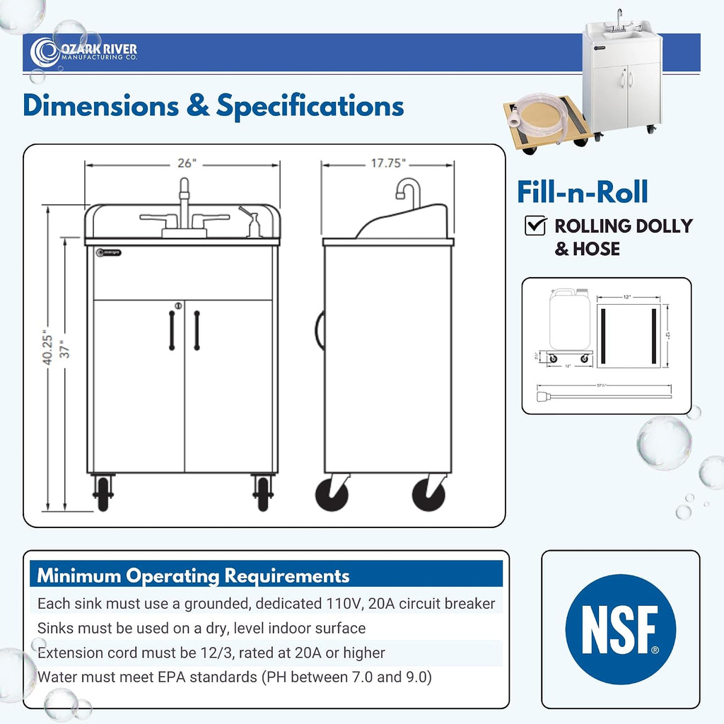 Ozark River Portable Sinks Premier White & Fill-n-Roll Dolly Kit Bundle, White Laminate-ABS, Portable Sink with Hot Water, Self-Contained Sink, Portable Hand Washing Station, 110V