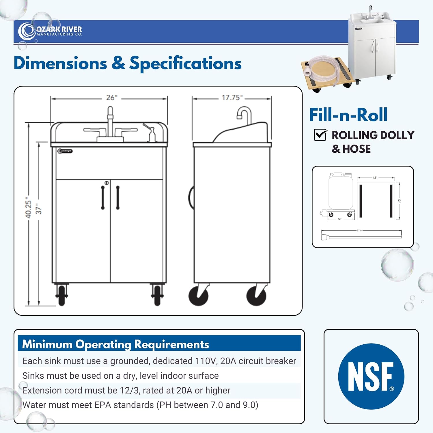 Ozark River Portable Sinks Premier White & Fill-n-Roll Dolly Kit Bundle, White Laminate-ABS, Portable Sink with Hot Water, Self-Contained Sink, Portable Hand Washing Station, 110V