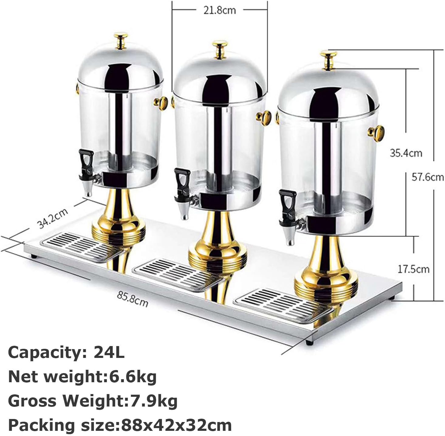 Stainless Steel Juice Dispenser with Tap & Ice Chamber Keep Beverages Ice Cold, Self Service Cocktail Dispenser, Commercial Clear Glass Water Dispenser for Brea(Gold)