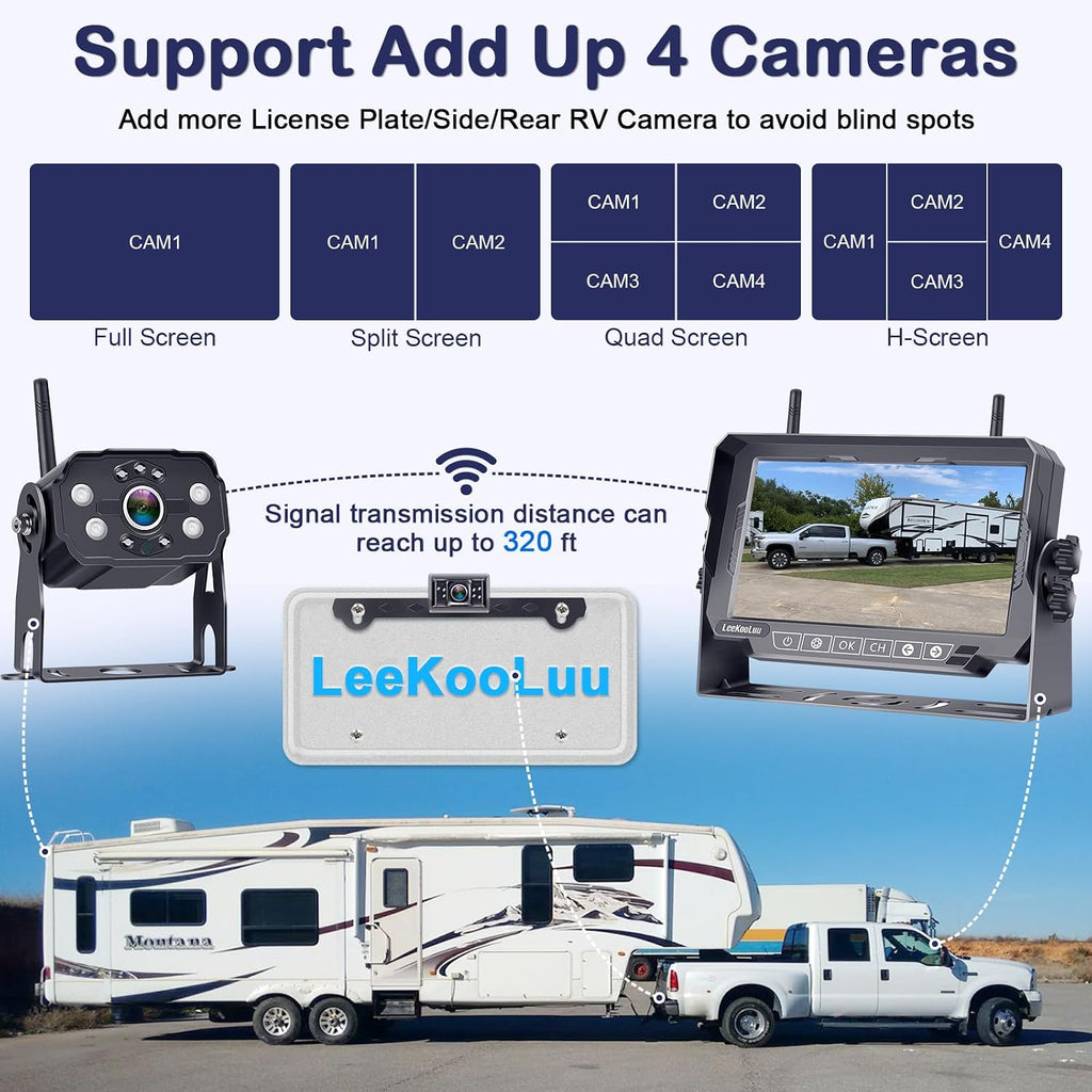 HD 1080P 7 inch RV Wireless Backup Camera: Dual Camera 30-Min Easy Install Clear Night Vision 4 Channels Recording Touch Key Monitor Rear View Camera for Furrion Pre-Wired RVs Travel Trailers Camper
