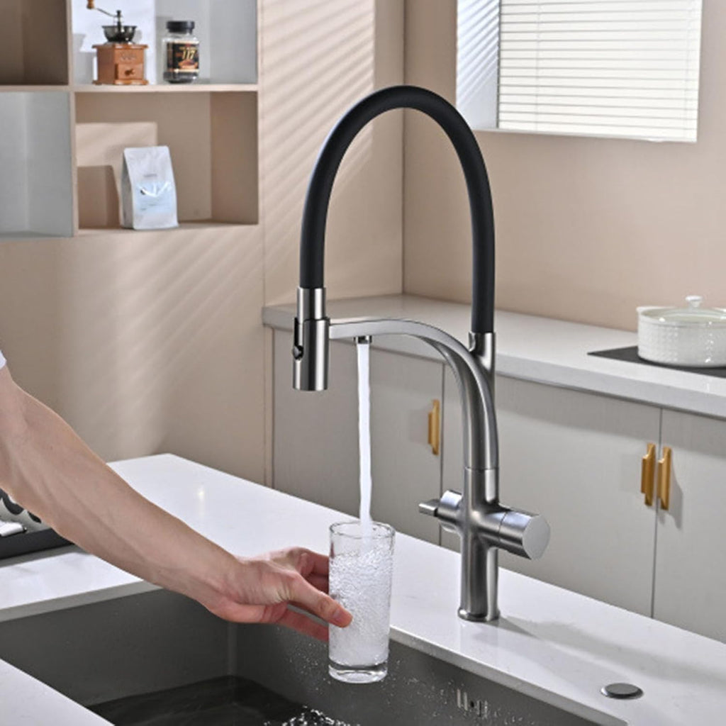 Flexible Kitchen Faucet with Filtered Water 2 Handle 3 in 1 Faucet for Kitchen Sink 360° Rotation,Black