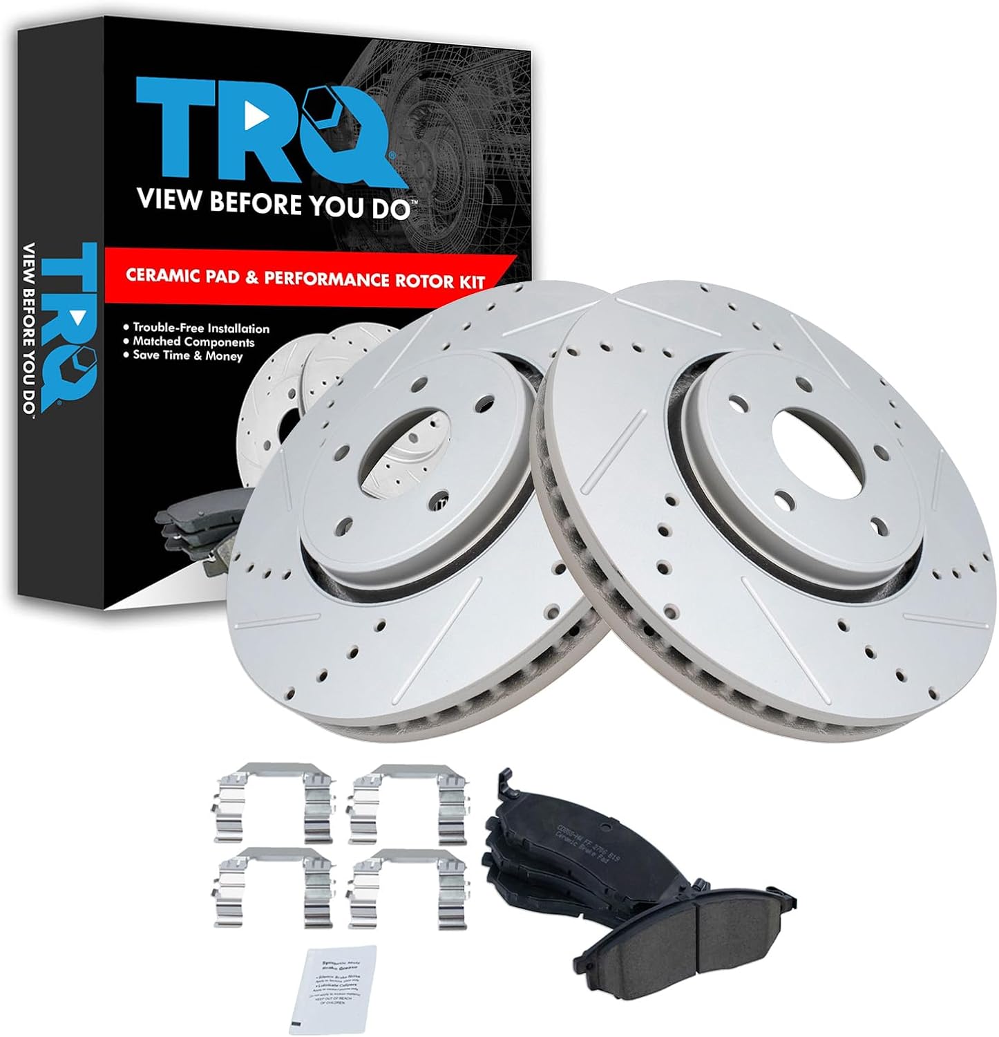 TRQ Performance Front Brake Pad and Rotor Set Ceramic Vented Coated Drilled Slotted Compatible with 2005-2012 Infiniti FX35 2005-2008 FX45 2013 FX37 2014 QX70