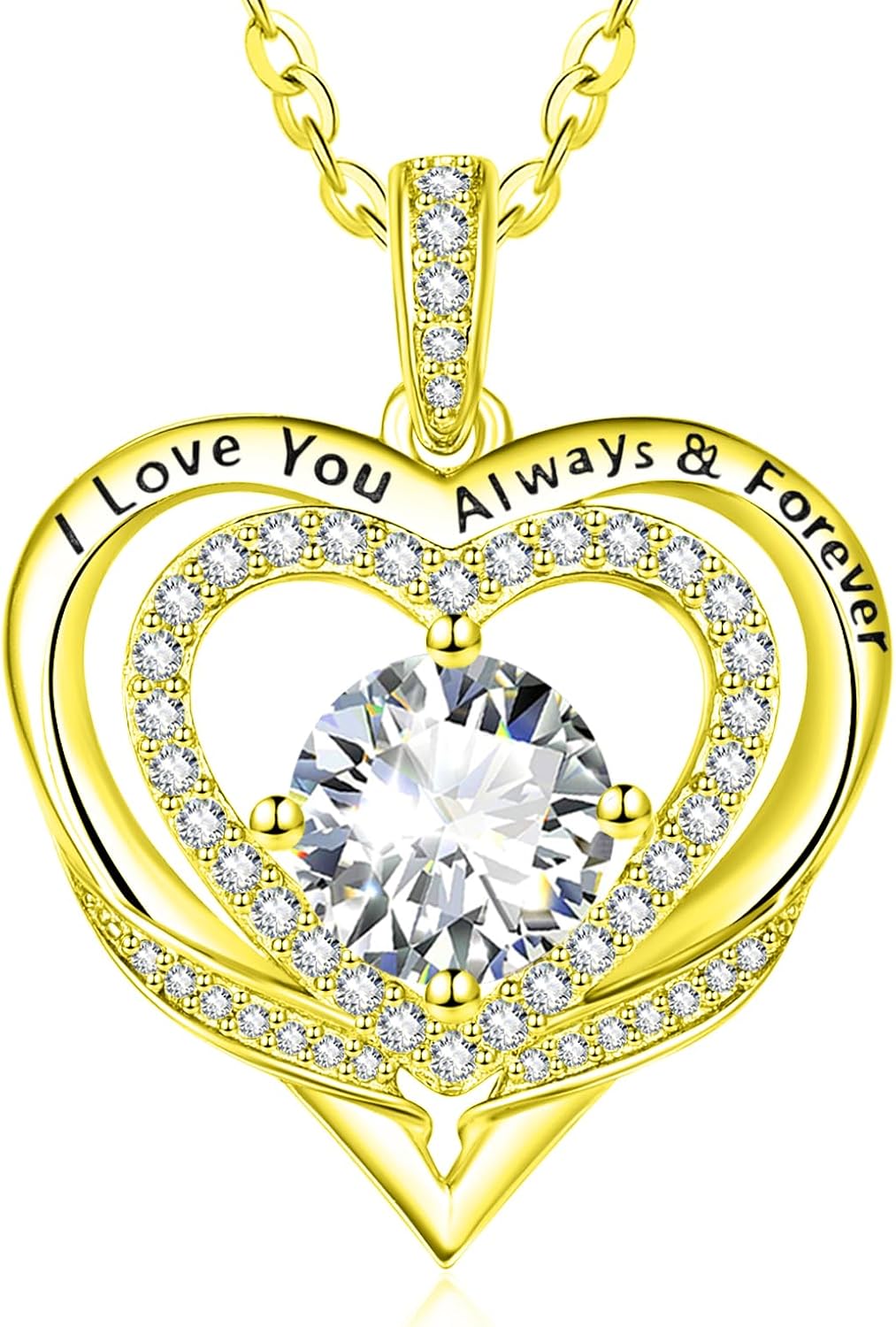 14K Gold Heart Necklaces for Women with Birthstone Pendant ，Double Hearts Necklace Jewelry Gift for Girlfriend Mom Anniversary Birthday Adjustable Chain 18' + 2' 'I Love You Always & Forever