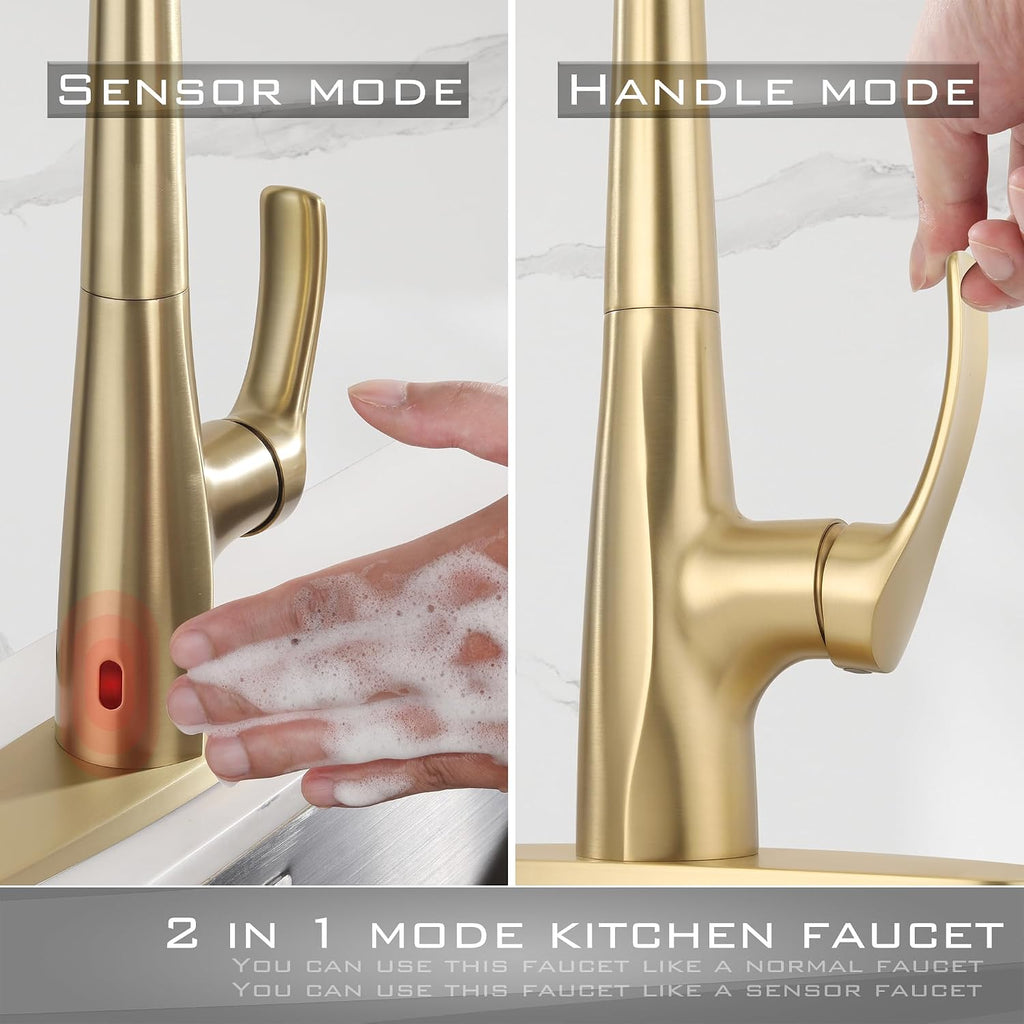 Touchless Kitchen Faucet with Pull Down Sprayer, Brushed Gold Motion Sensor Kitchen Faucet, Stainless Steel Hands Free Faucet for Kitchen Sink 1 or 3 Hole