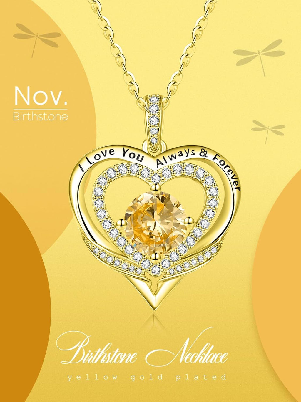 14K Gold Heart Necklaces for Women with Birthstone Pendant ，Double Hearts Necklace Jewelry Gift for Girlfriend Mom Anniversary Birthday Adjustable Chain 18' + 2' 'I Love You Always & Forever