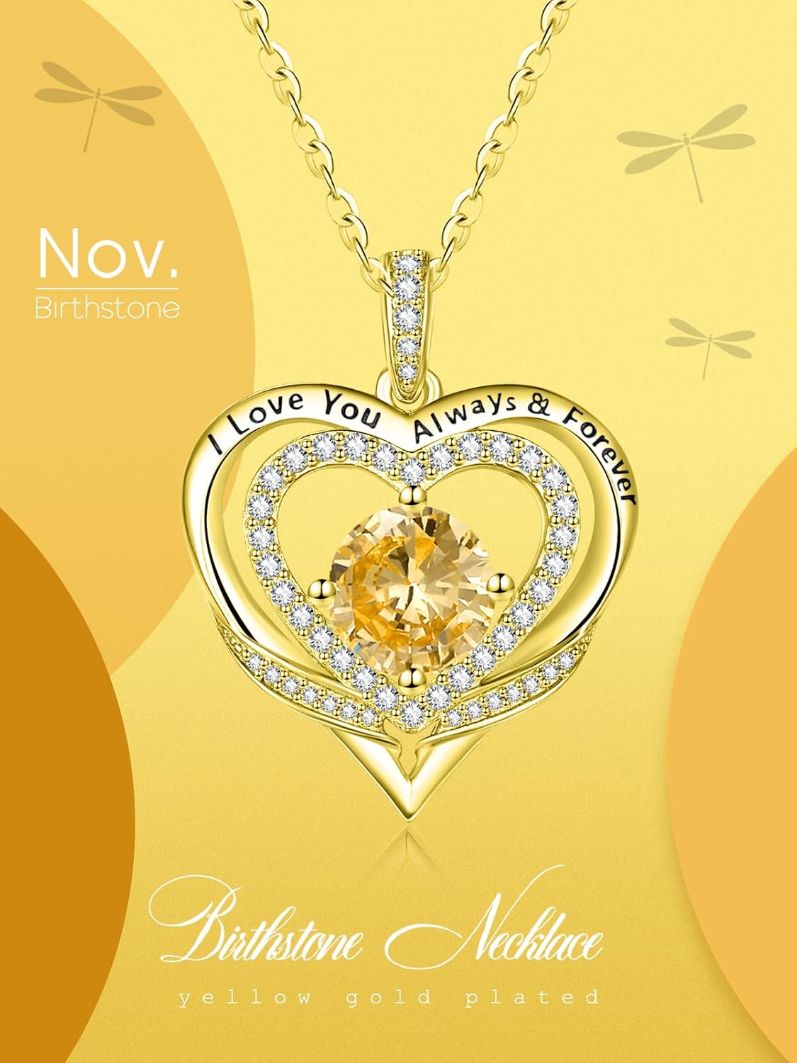 14K Gold Heart Necklaces for Women with Birthstone Pendant ，Double Hearts Necklace Jewelry Gift for Girlfriend Mom Anniversary Birthday Adjustable Chain 18' + 2' 'I Love You Always & Forever