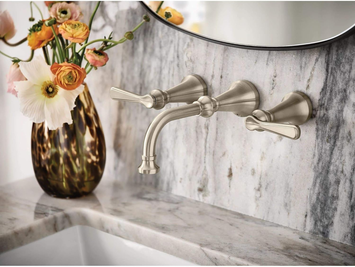 Moen TS44104BL Colinet Traditional Lever Handle Wall Mount Bathroom Faucet Trim, Valve Required, Matte Black