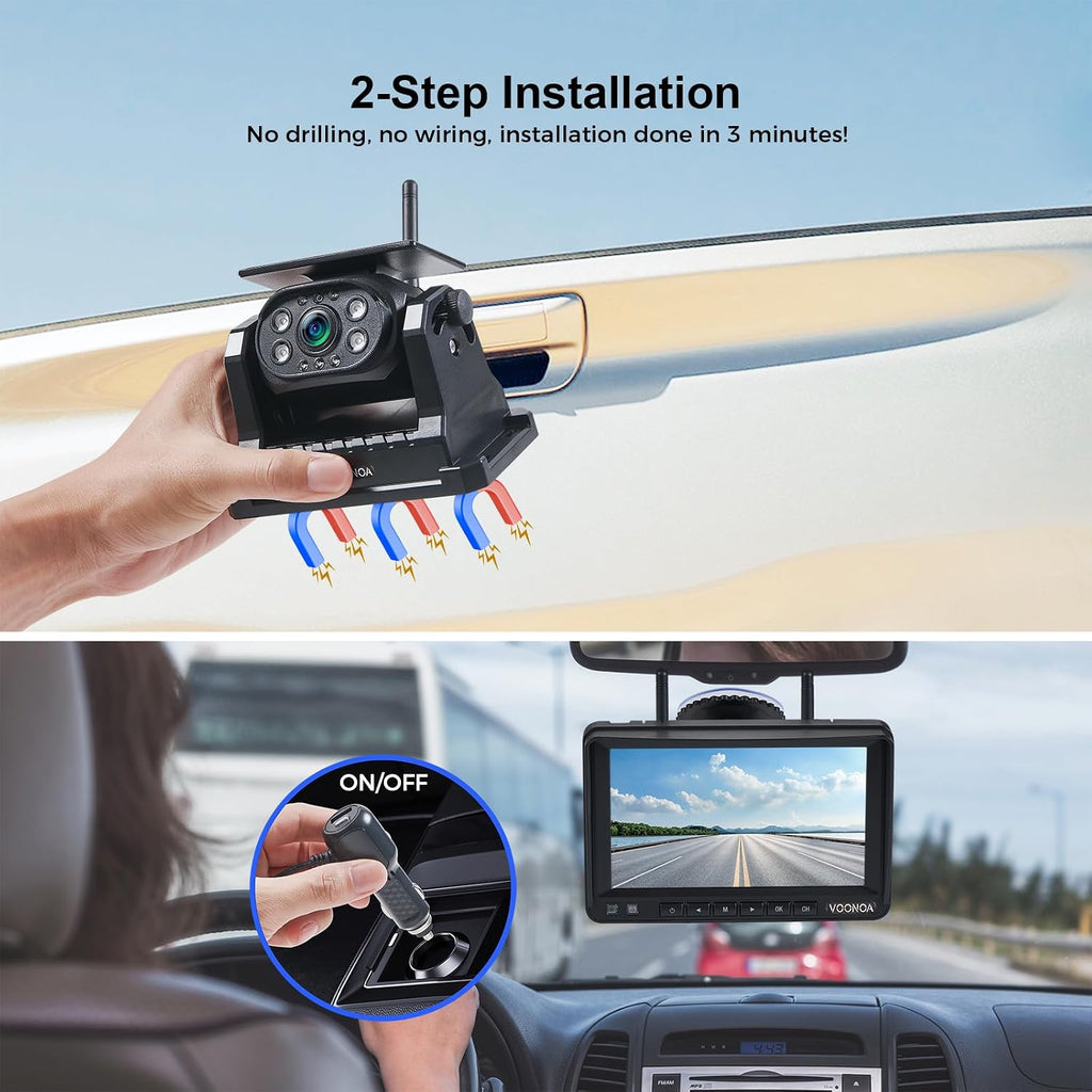Wireless Magnetic Backup Camera, 15000mAh Battery Powered Rechargeable Waterproof HD Solar Back Up Rear View Bluetooth Hitch Camera with 7 Inch 1080P Monitor System for Car Truck Trailer RV VN003