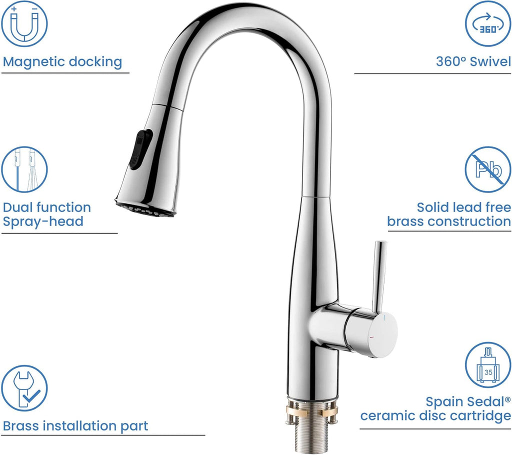 KIBI Bari Chrome Finish Single Handle Pull Down Kitchen and Bar Sink Faucet | Solid Brass High Arc Spout, 360 Degree Swivel, Durable Pull Down Sprayer with Dual Function (KKF2015CH)