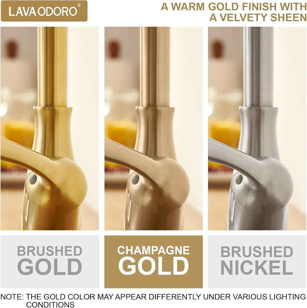 Lava Odoro Champagne Gold Kitchen Faucet with Pull Down Sprayer, Bronze Gold Kitchen Sink Faucet with Magnetic Docking Spray 3-Function, Brass Faucet for Kitchen Sink 1 Hole and 3 Hole, KF271-CB