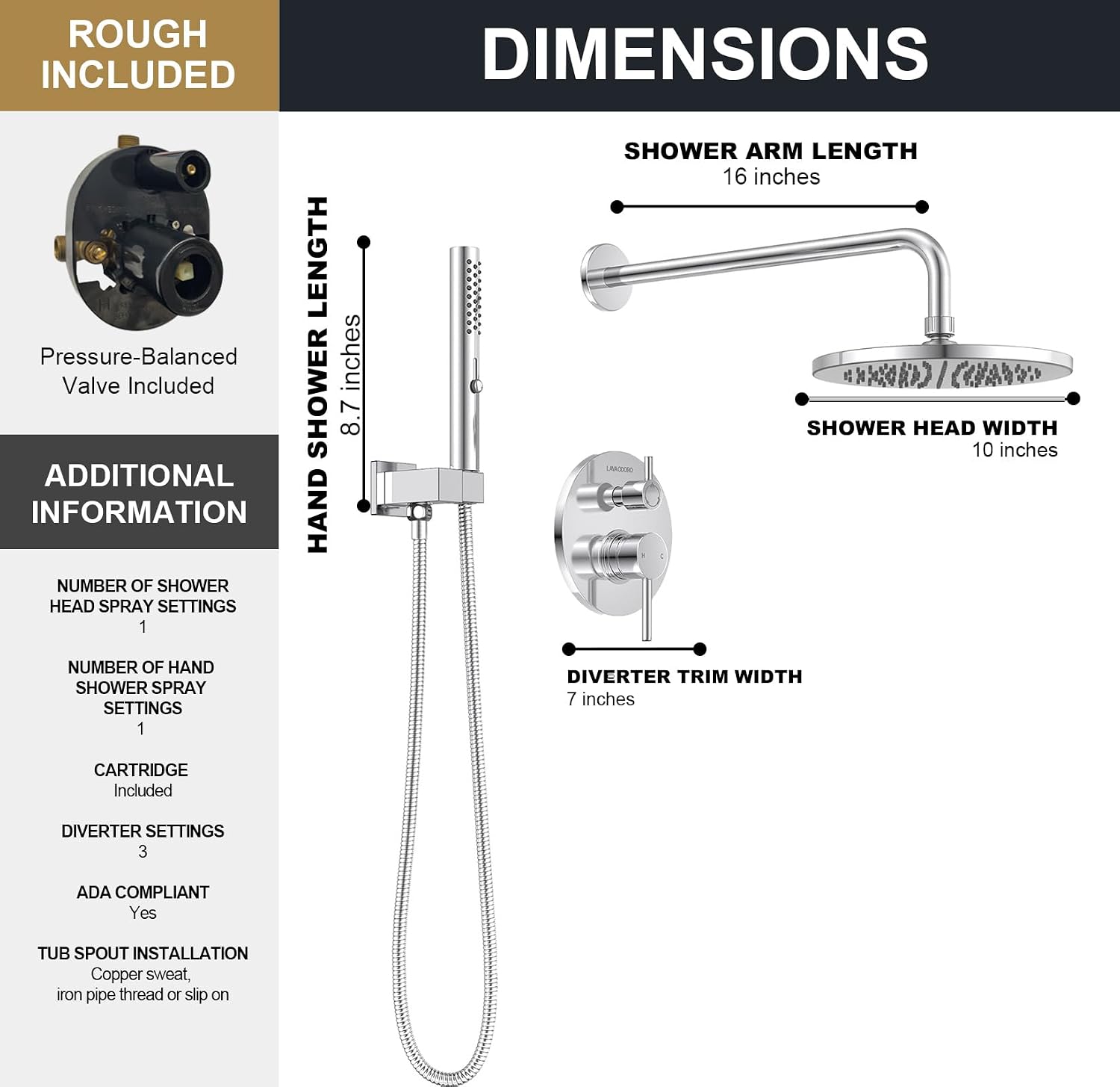 Lava Odoro Modern 2-Setting Round Rain Shower System with Handheld Spray, Chrome Rainfall Shower Faucet Set Rain Shower Head and Handle Set, Shower Valve Trim Kit,10 Inch, Chrome, SF104-C
