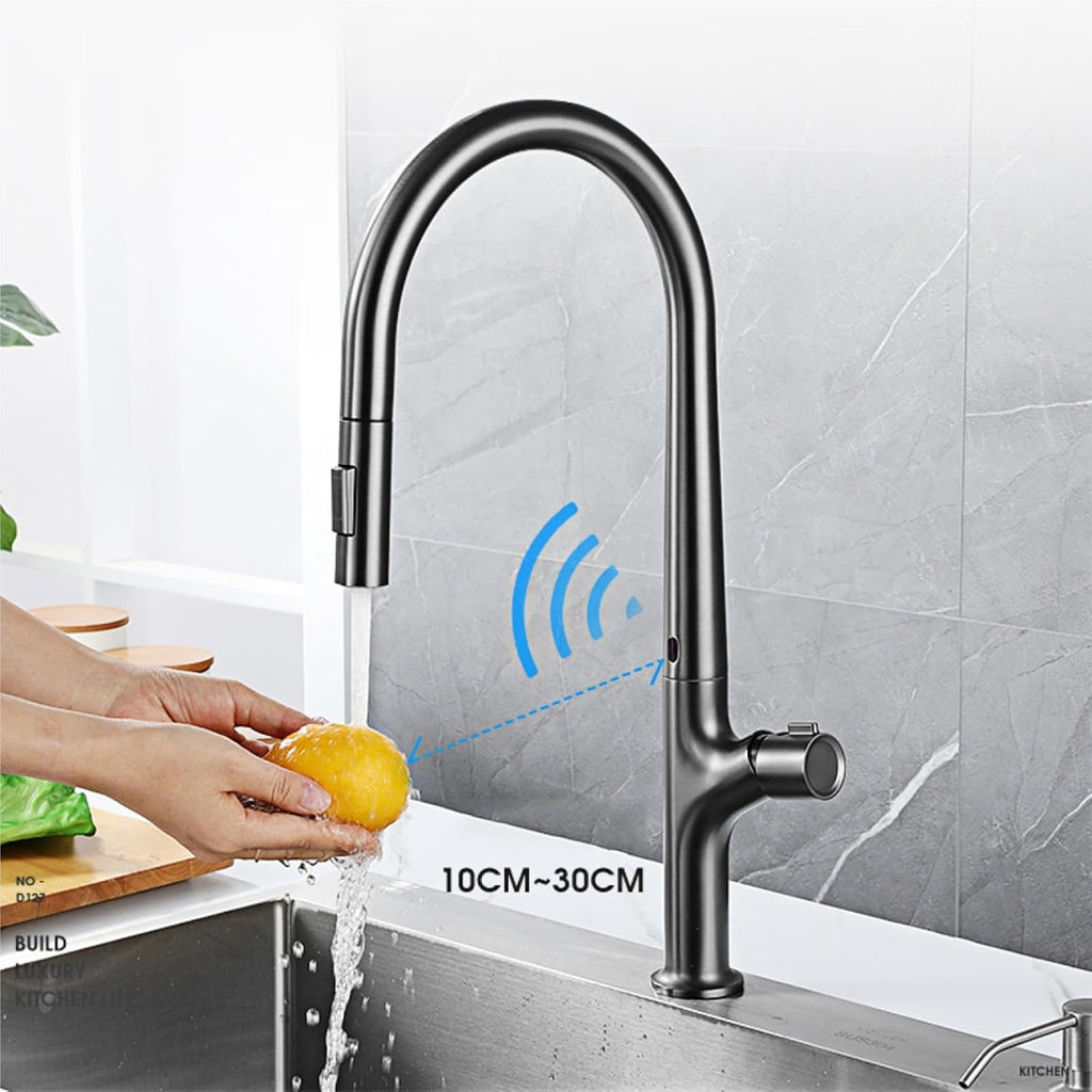 Modern Induction Brass Kitchen Faucet- Single Handle Flexible Control Cold and Hot Water 2 Function Sink Tap(Matte Black)