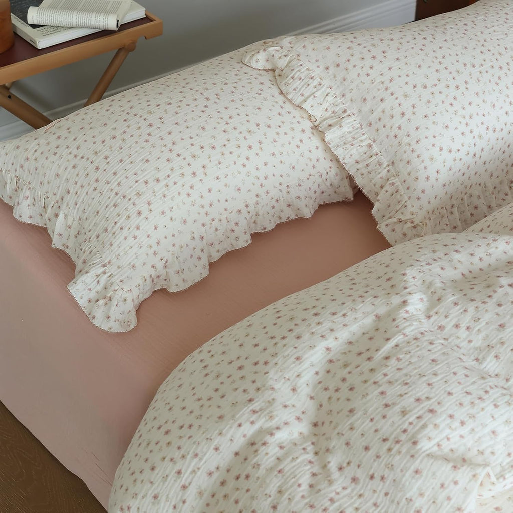 BuLuTu Pink Floral Duvet Cover King with Ruffles, 2-Layer Cotton Muslin Bedding Set Soft Breathable Comforter Cover, Shabby Chic Princess Quilt Cover with 2 Pillowcases