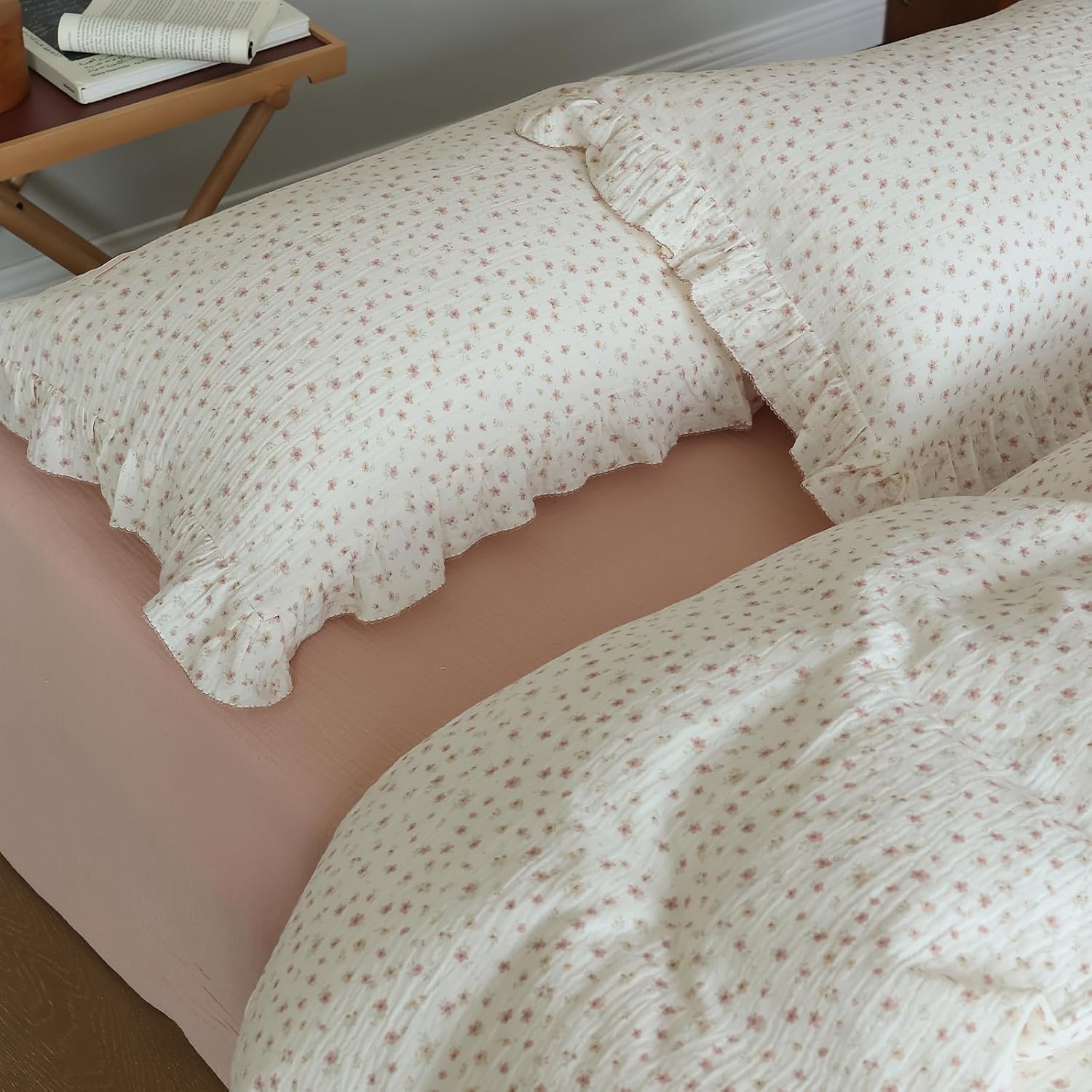 BuLuTu Pink Floral Duvet Cover King with Ruffles, 2-Layer Cotton Muslin Bedding Set Soft Breathable Comforter Cover, Shabby Chic Princess Quilt Cover with 2 Pillowcases