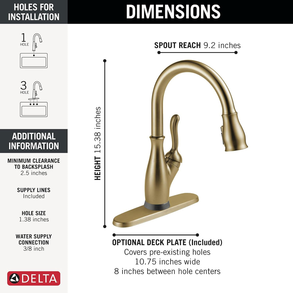 Delta Leland Brushed Gold Touch Kitchen Faucet with Pull Down Sprayer, Traditional Single Hole Touch On Kitchen Sink Faucet, Single Handle, Champagne Bronze 9178T-CZ-DST