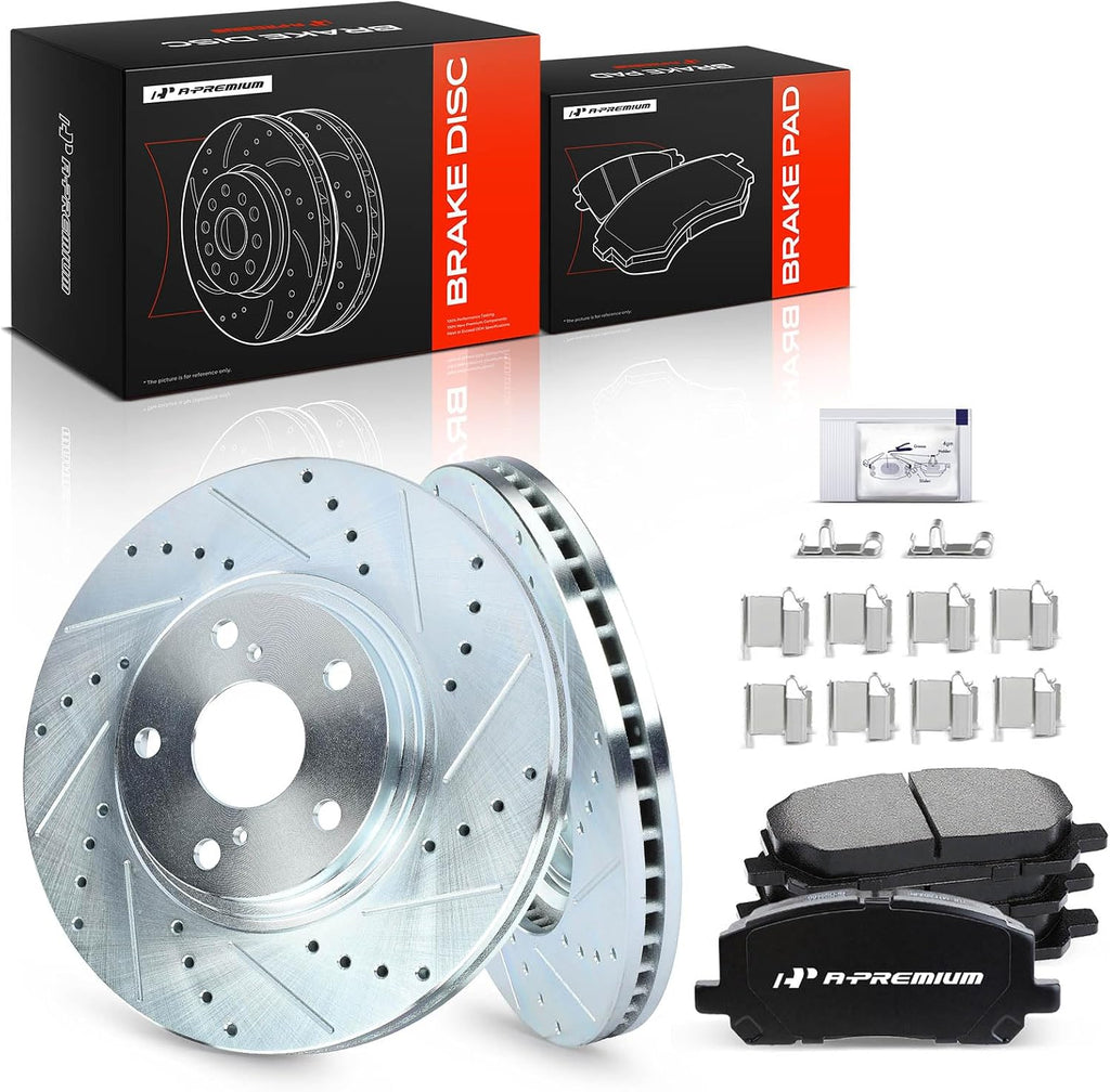 A-Premium 12.56 inch (319mm) Front Drilled and Slotted Disc Brake Rotors + Ceramic Pads Kit Compatible with Select Toyota Models - Highlander 2001 2002 2003 2004 2005 2006 2007, 6-PC Set