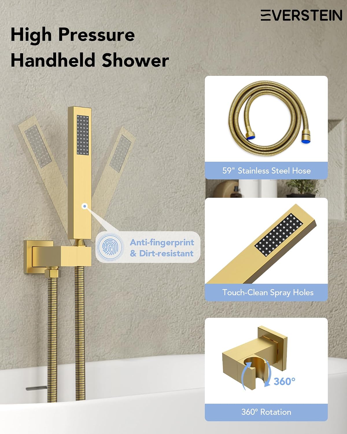 Wall Mounted Bathtub Shower Faucet Set, Bathroom Shower Fixtures Set Combo with Tub Spout and Handheld Shower Head Spray, Brushed Gold