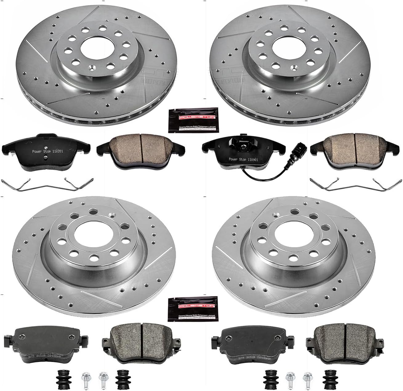 PowerStop Front and Rear Brake Kit for Audi Q3 2016-18 | Audi Q3 Quattro 2016-18 - Drilled and Slotted Disc Rotors with Carbon-Fiber Ceramic Brake Pads Replacement, K7537