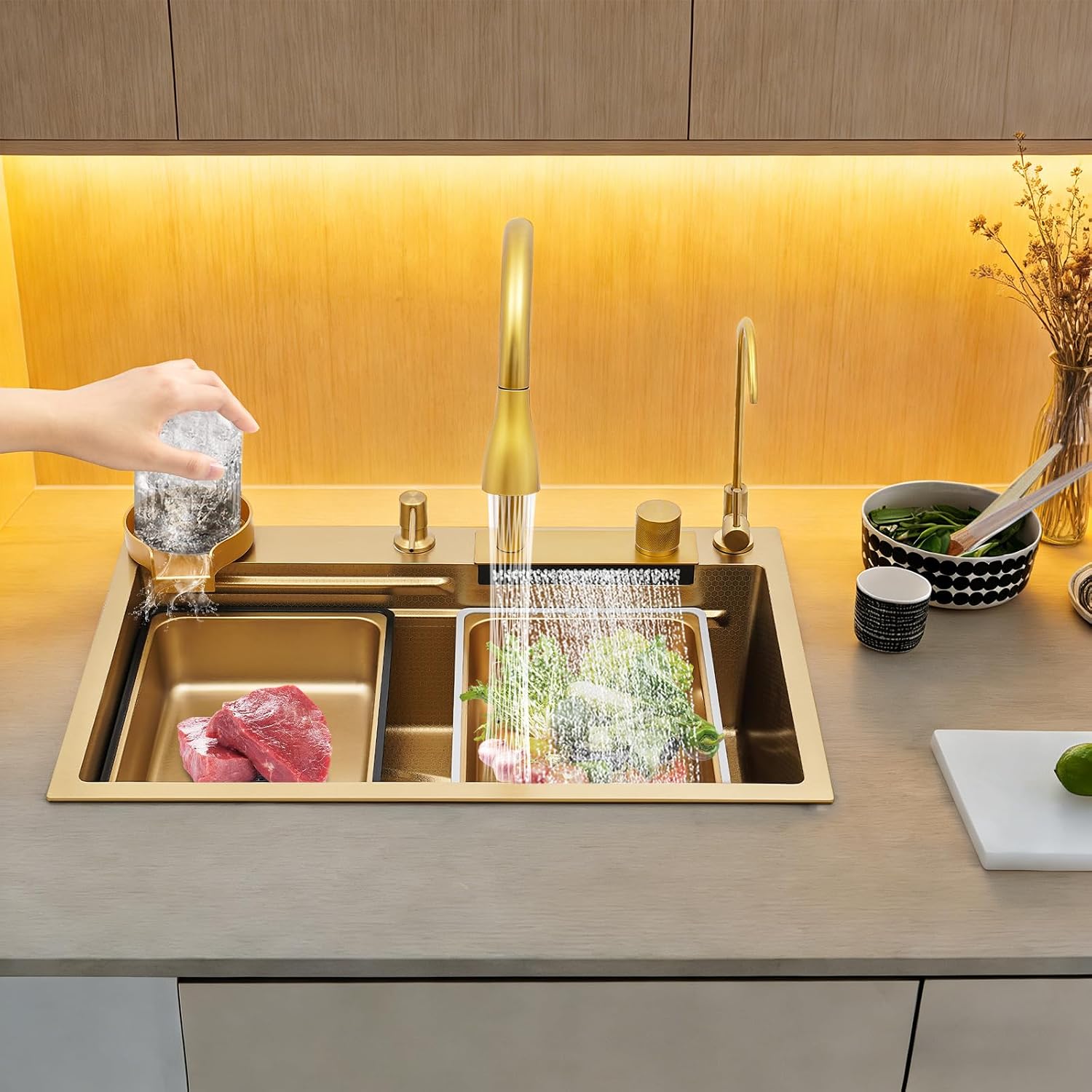 Multifunctional Kitchen Waterfall Sink, Gold Stainles Steel Kitchen Sink Double Sliding Rail, Double Bowl Sink with 3-Mode Cold & Hot Water Faucet 26.77x18.11x8.66in for Kitchen Bar Hotel(Gold)