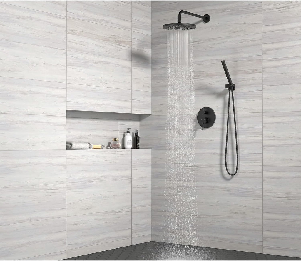 Lava Odoro Modern 2-Setting Round Rain Shower System with Handheld, Matte Black Rainfall Shower Faucet Set Rain Shower Head and Handle Set, Shower Valve Trim Kit, 10 Inch, Matte Black, SF104-MB