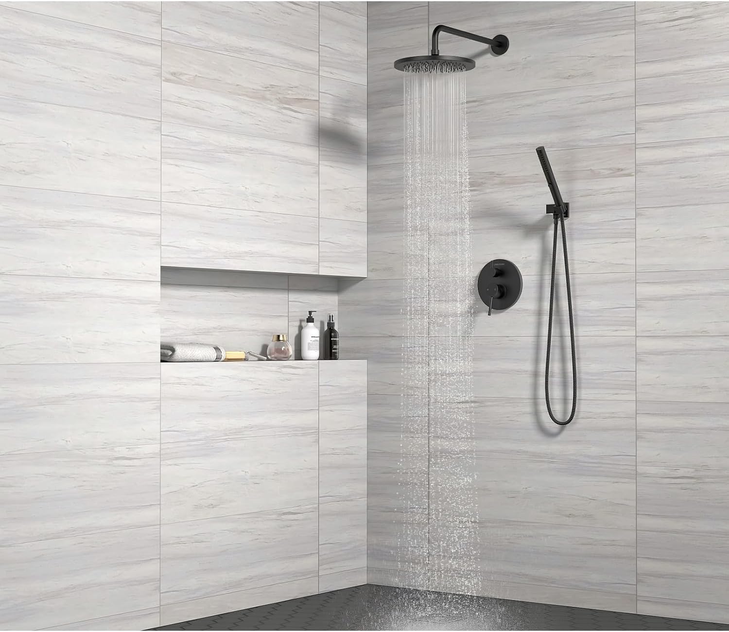 Lava Odoro Modern 2-Setting Round Rain Shower System with Handheld, Matte Black Rainfall Shower Faucet Set Rain Shower Head and Handle Set, Shower Valve Trim Kit, 10 Inch, Matte Black, SF104-MB