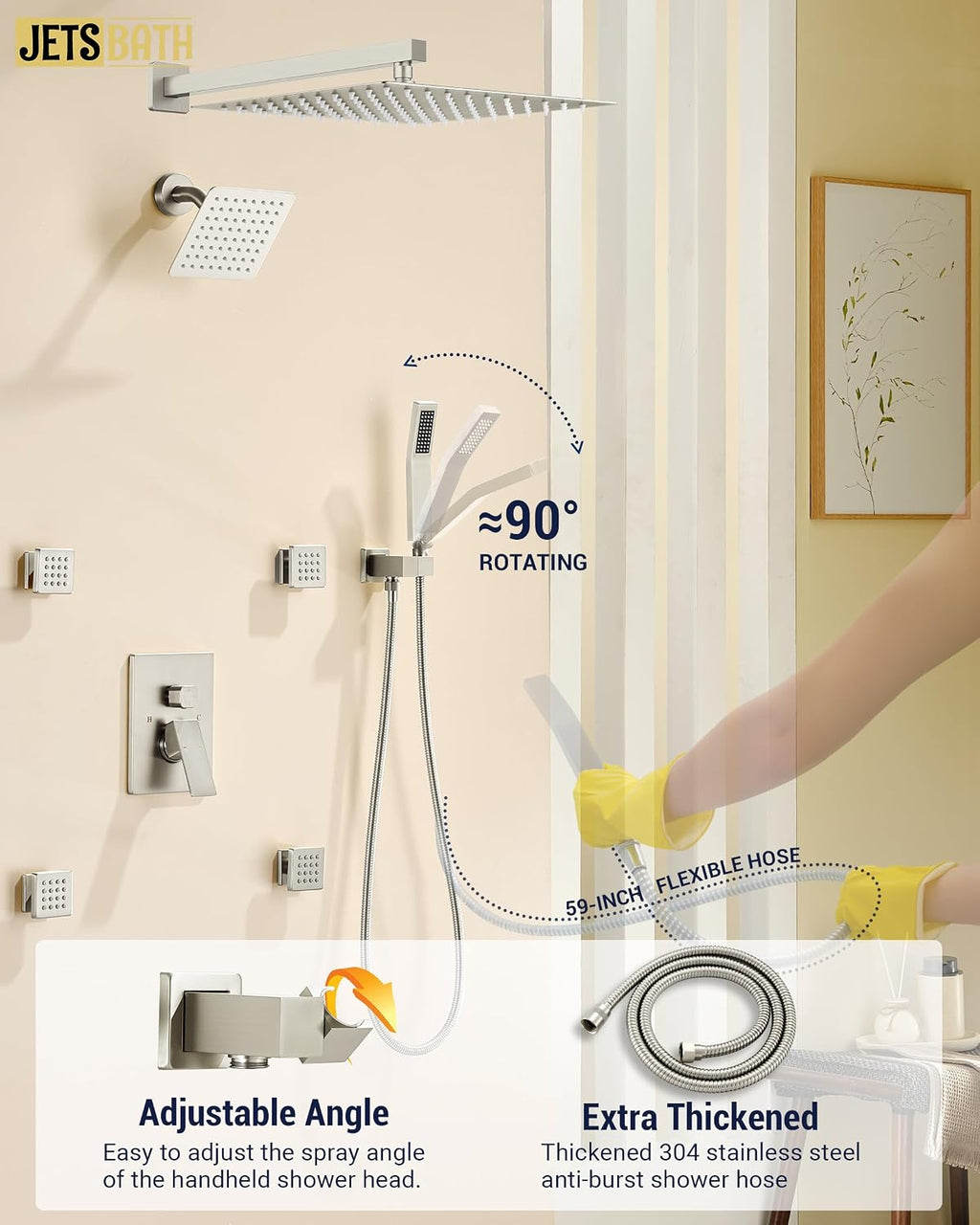 Dual Rainfall Shower Head System with 4 Body Jets, JetsBath Shower Faucet Set Double Shower Head 6-Inch Shower Head & 12' Rain Shower,Luxury Brushed Nickel Shower Faucet Set,Wall-Mounted Shower System