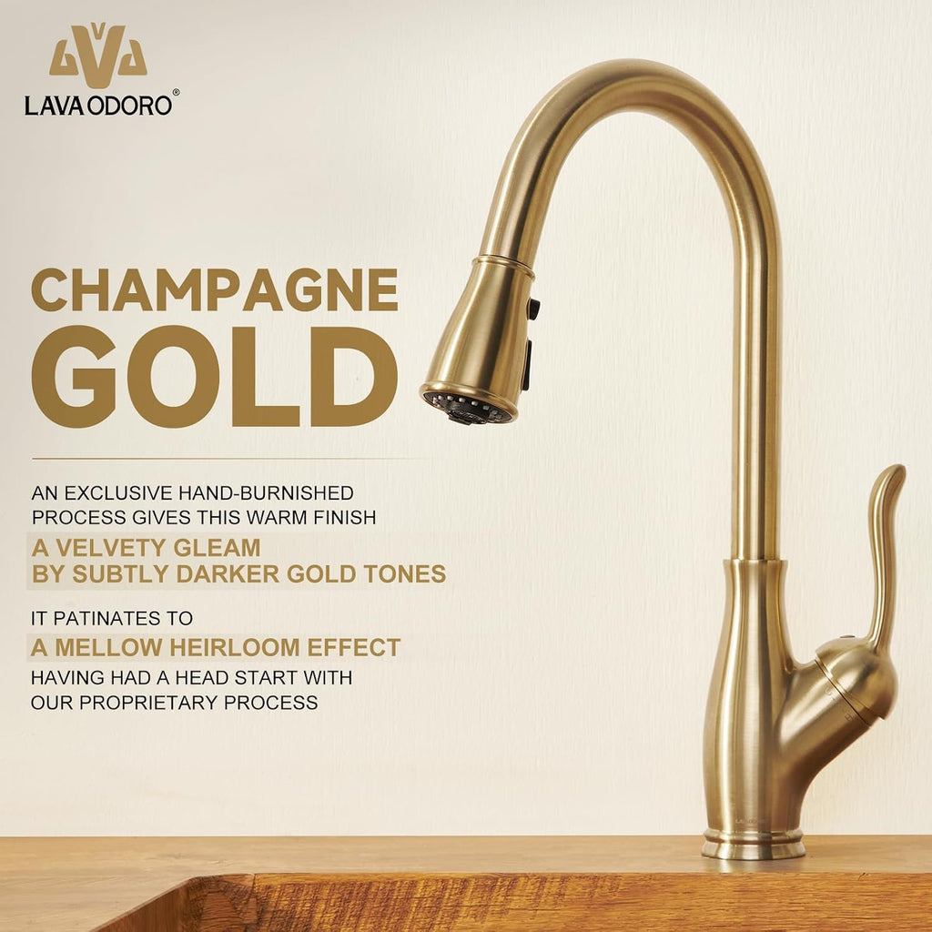 Lava Odoro Champagne Gold Kitchen Faucet with Pull Down Sprayer, Bronze Gold Kitchen Sink Faucet with Magnetic Docking Spray 3-Function, Brass Faucet for Kitchen Sink 1 Hole and 3 Hole, KF271-CB