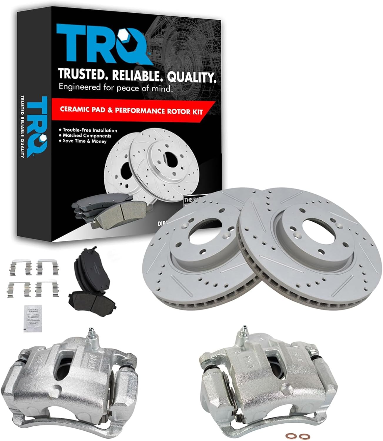 TRQ Performance Front Brake Pad and Rotor Set Ceramic Vented Coated Slotted Drilled Rotors Calipers Compatible with 2012-2015 Hyundai Tucson 2012-2016 Kia Sportage