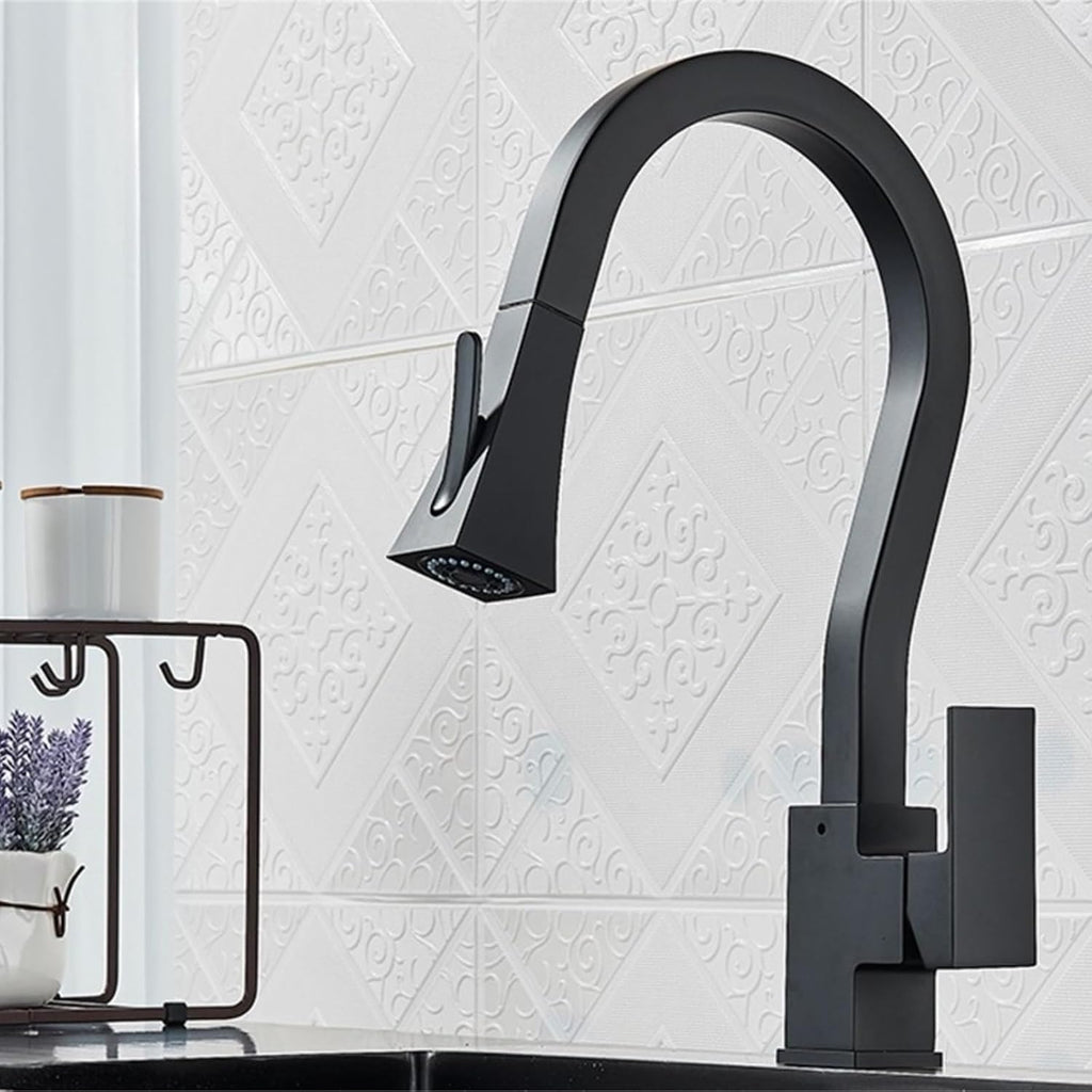 Kitchen Pull-Out Faucets Sink Mixer Two Function Single Handle Hot and Cold Water Crane Deck Mounted(Black)