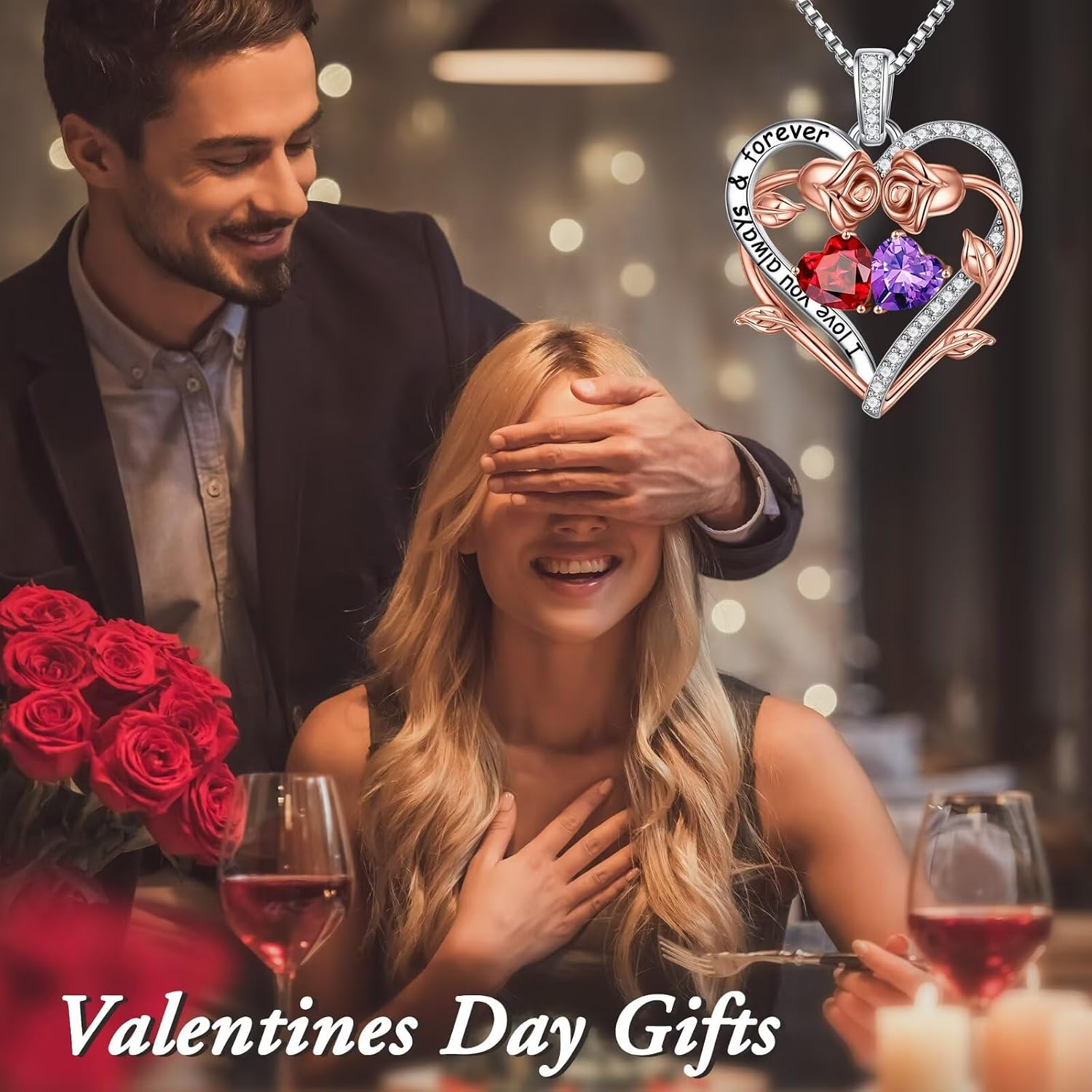 Iefil Rose Heart Double Birthstone Necklace Gifts for Wife Girlfriend Her Women, Birthstone Jewelry Gemstone Birthday Gifts for Mom Grandma Her Wife Women