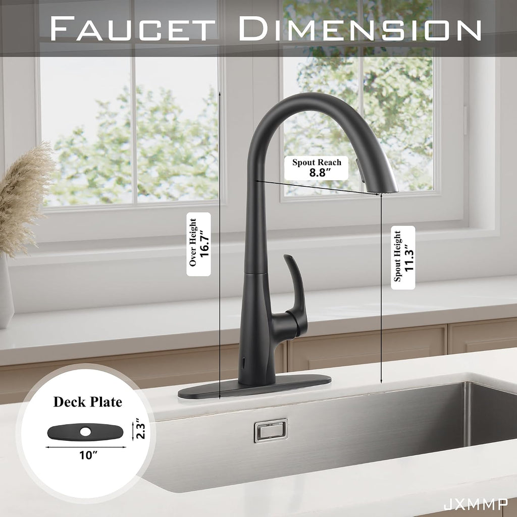 Matte Black Touchless Kitchen Faucet with Pull Down Sprayer, Single Handle Motion Sensor Kitchen Faucet 1 Hole, Stainless Steel Hands Free Black Kitchen Faucet for Sink 1 or 3 Hole
