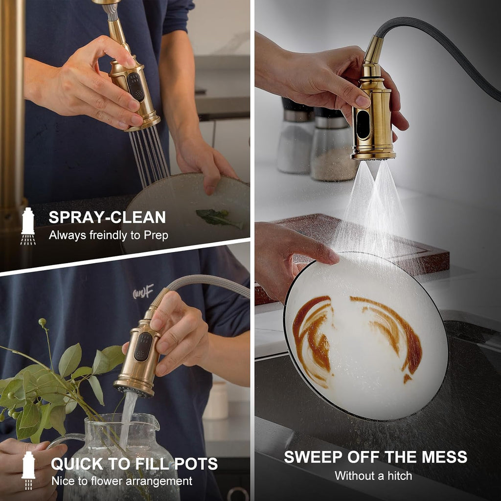 Lava Odoro Bronze Gold Kitchen Faucet with Pull Down Sprayer, Brushed Brass Kitchen Sink Faucet, Single Hole Kitchen Faucet with 3-Function Sprayer, Deck Plate Included, Spot-Free, 1.8 GPM, KF421-BB
