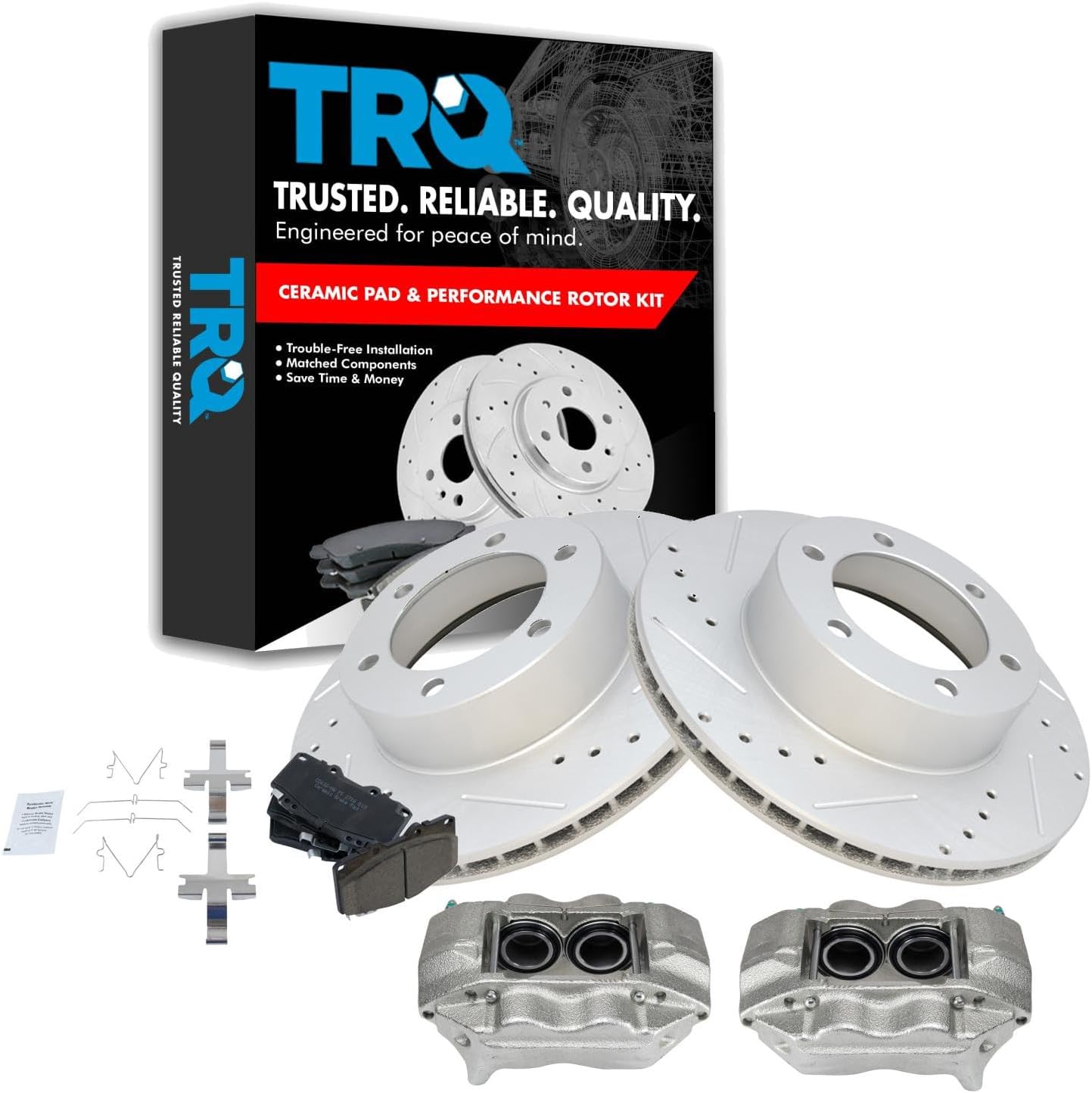 TRQ Performance Front Brake Pad and Rotor Set Ceramic Vented Coated Drilled Slotted Rotors Calipers Compatible with 2001-2002 Toyota 4Runner