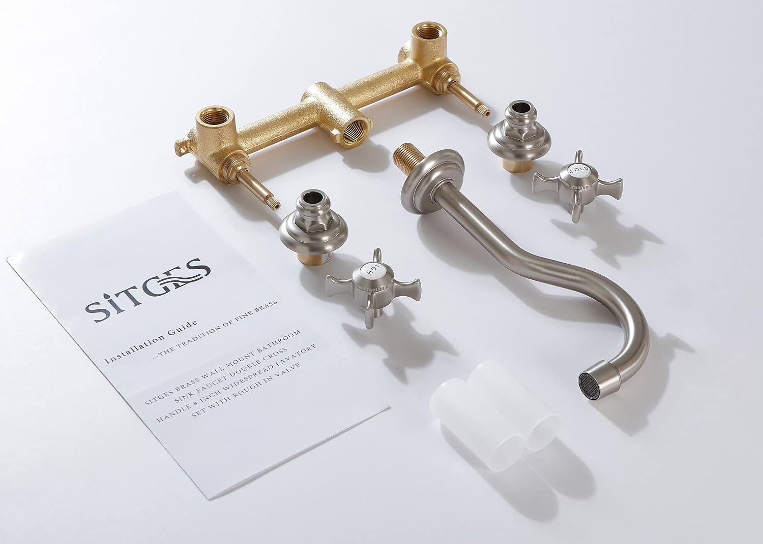 SITGES Wall Faucet,Two Handle Bathroom Sink Wall Mount Faucet with Rough in Valve Included,Brushed Nickel
