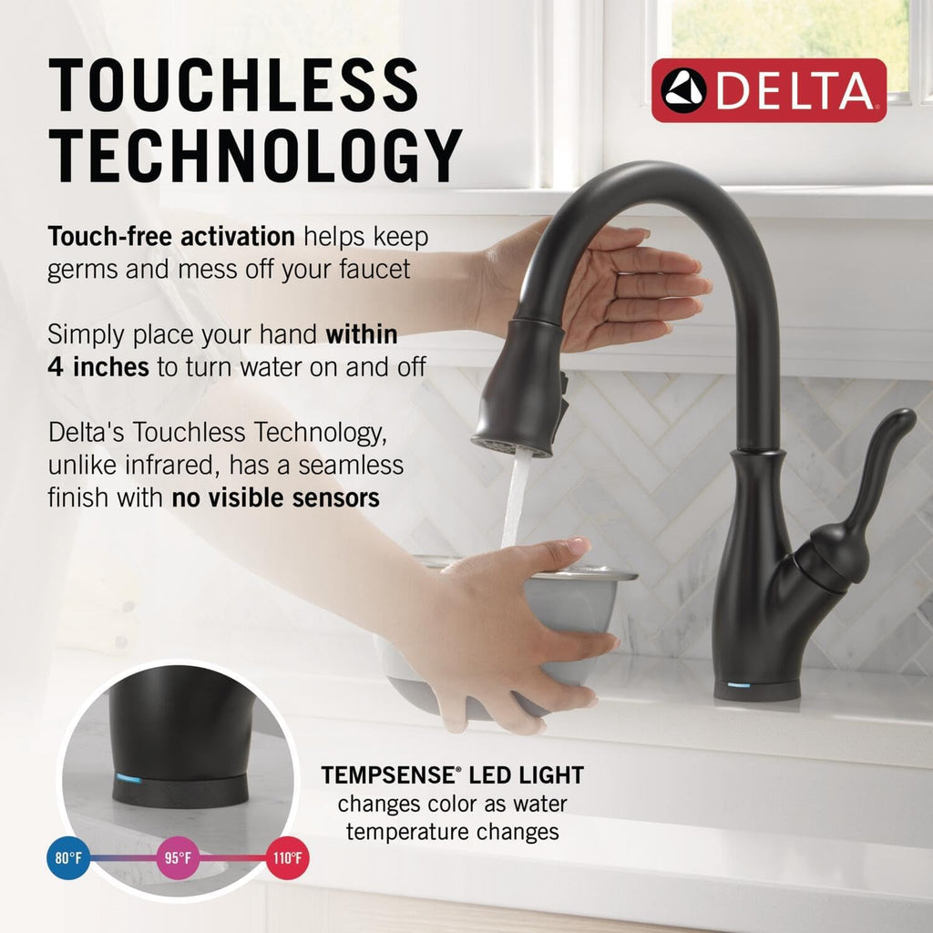 Delta Leland Touchless Kitchen Faucet with Touch Technology, Matte Black Kitchen Sink Faucet with Pull Down Sprayer, Single Hole, Matte Black 9178TL-BL-DST