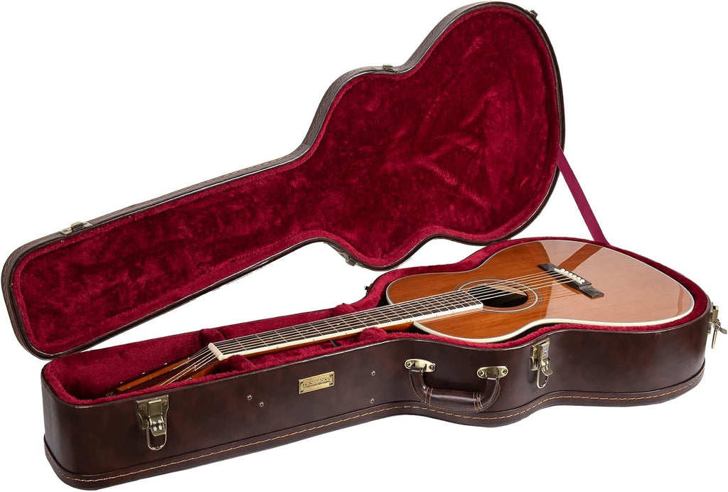 Crossrock Wooden Guitar Case fits 12-Frets 000/OM Acoustic Guitars - Stainless Steel Latches, Sponge Lining, Metal Feet, Storage Space - Vintage Brown (CRW620-00012BR)