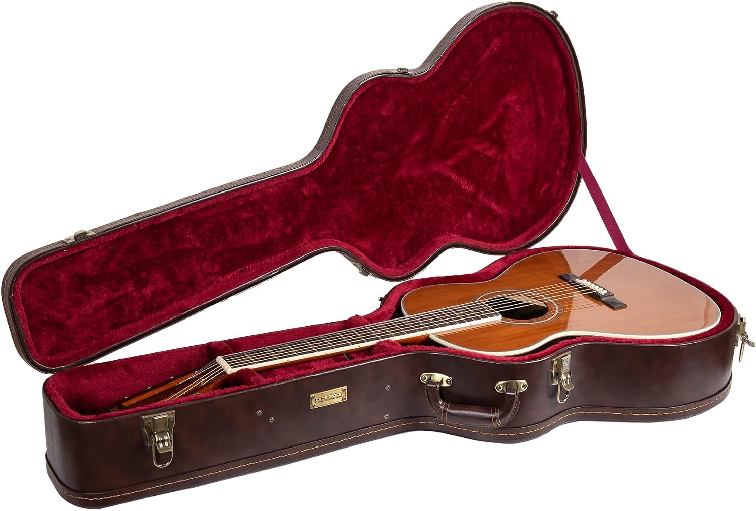 Crossrock Wooden Guitar Case fits 12-Frets 000/OM Acoustic Guitars - Stainless Steel Latches, Sponge Lining, Metal Feet, Storage Space - Vintage Brown (CRW620-00012BR)