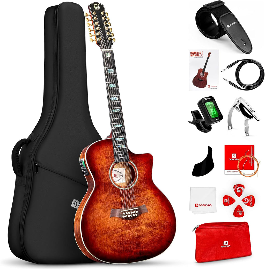 Vangoa 12 String Guitar Solid Wood, Twelve String Acoustic Electric Guitar Kit with Premium Spruce Top, Mahogany Body, Upgraded EQ, Bone Nut, Saddle, Classical Brown