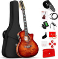 Vangoa 12 String Guitar Solid Wood, Twelve String Acoustic Electric Guitar Kit with Premium Spruce Top, Mahogany Body, Upgraded EQ, Bone Nut, Saddle, Classical Brown
