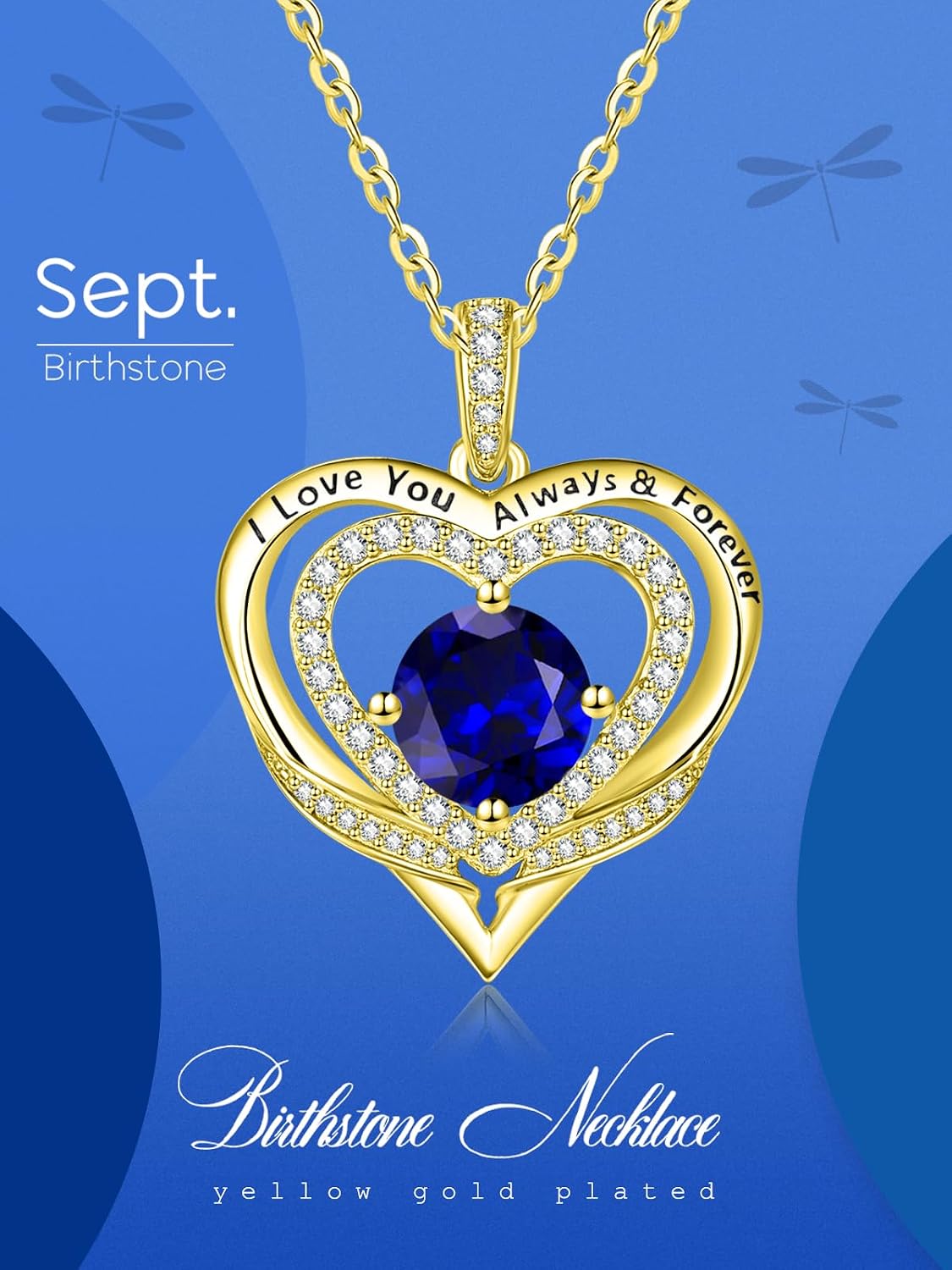 14K Gold Heart Necklaces for Women with Birthstone Pendant ，Double Hearts Necklace Jewelry Gift for Girlfriend Mom Anniversary Birthday Adjustable Chain 18' + 2' 'I Love You Always & Forever