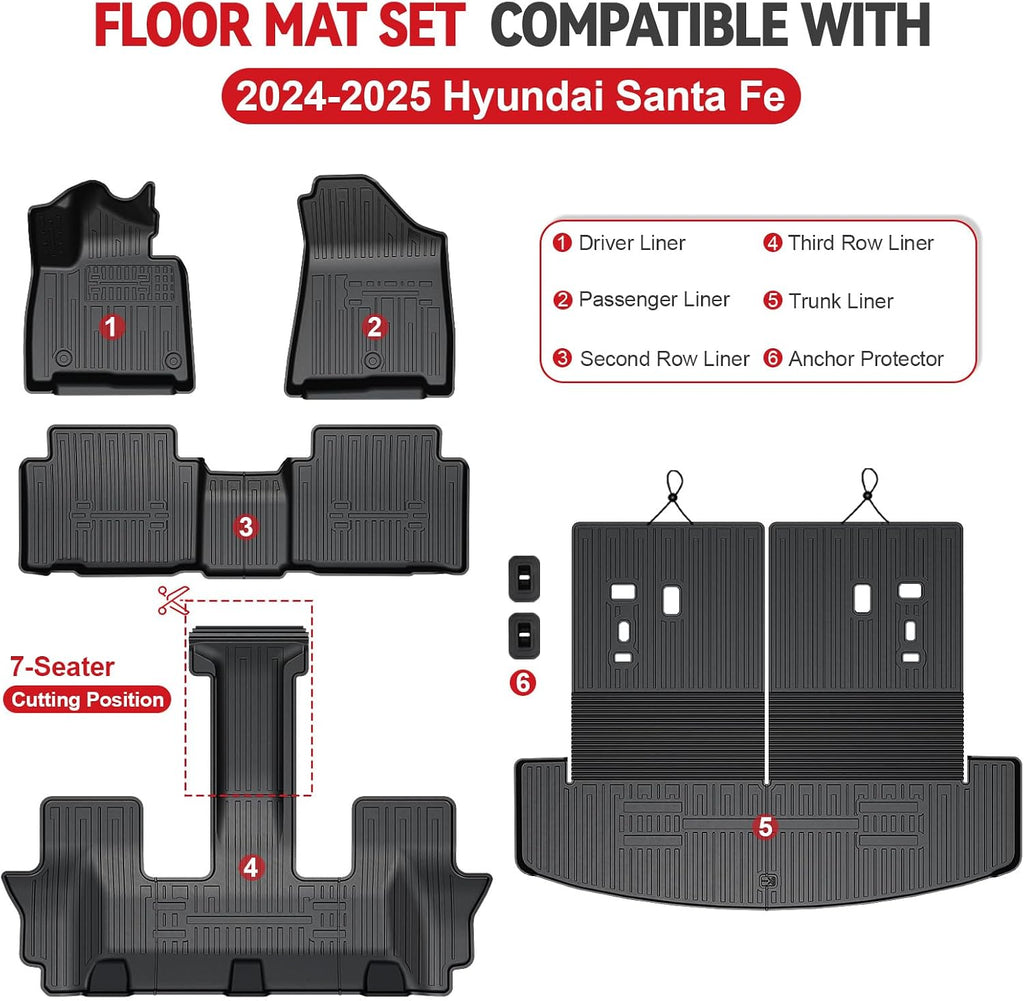 Floor Mats for Hyundai Santa Fe 2024-2026, All Weather Floor Mats Trunk Cargo Liner with Backrest Protectors Accessories, Full Coverage Set (Fit 6/7 Seats)