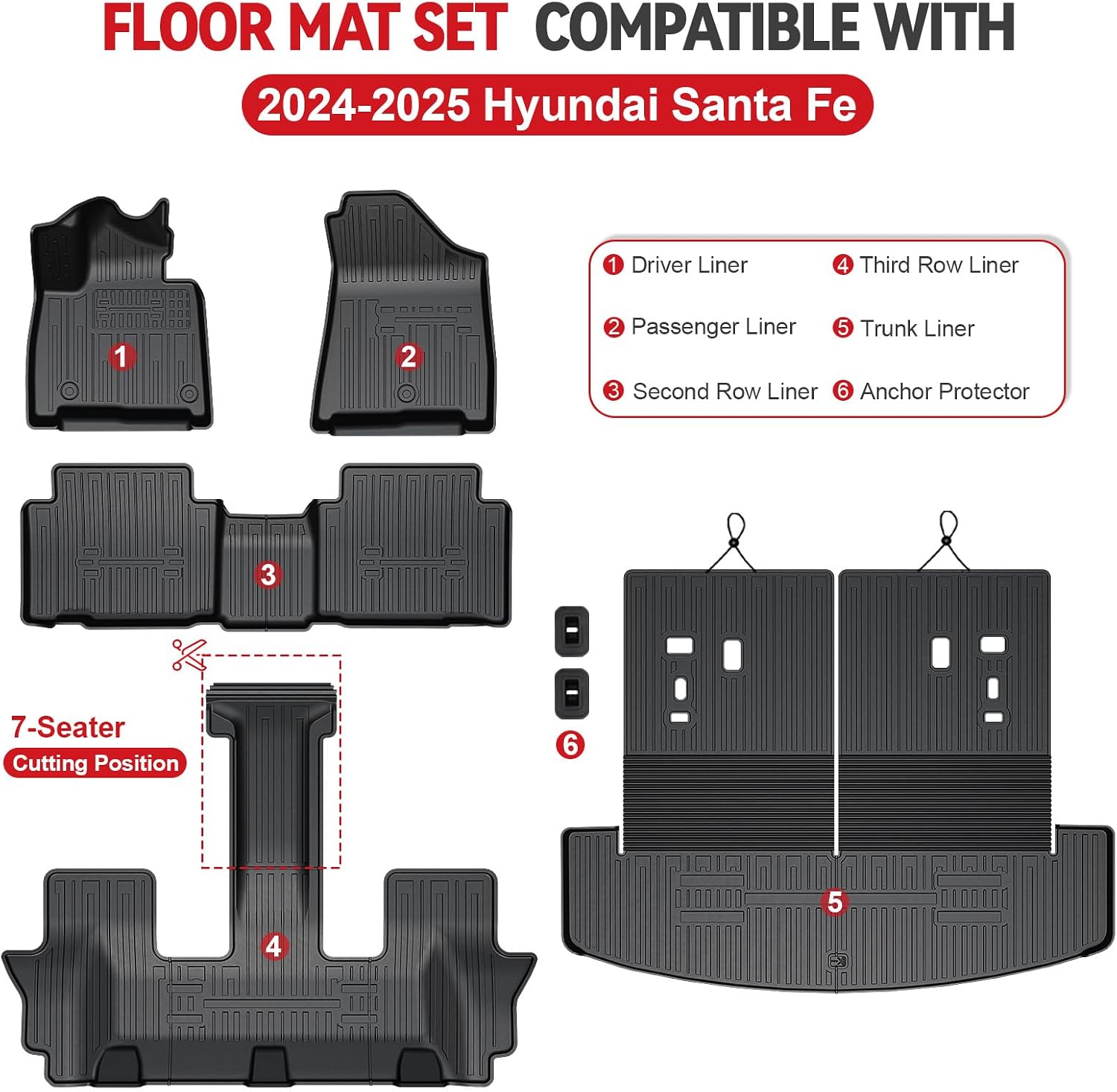 Floor Mats for Hyundai Santa Fe 2024-2026, All Weather Floor Mats Trunk Cargo Liner with Backrest Protectors Accessories, Full Coverage Set (Fit 6/7 Seats)