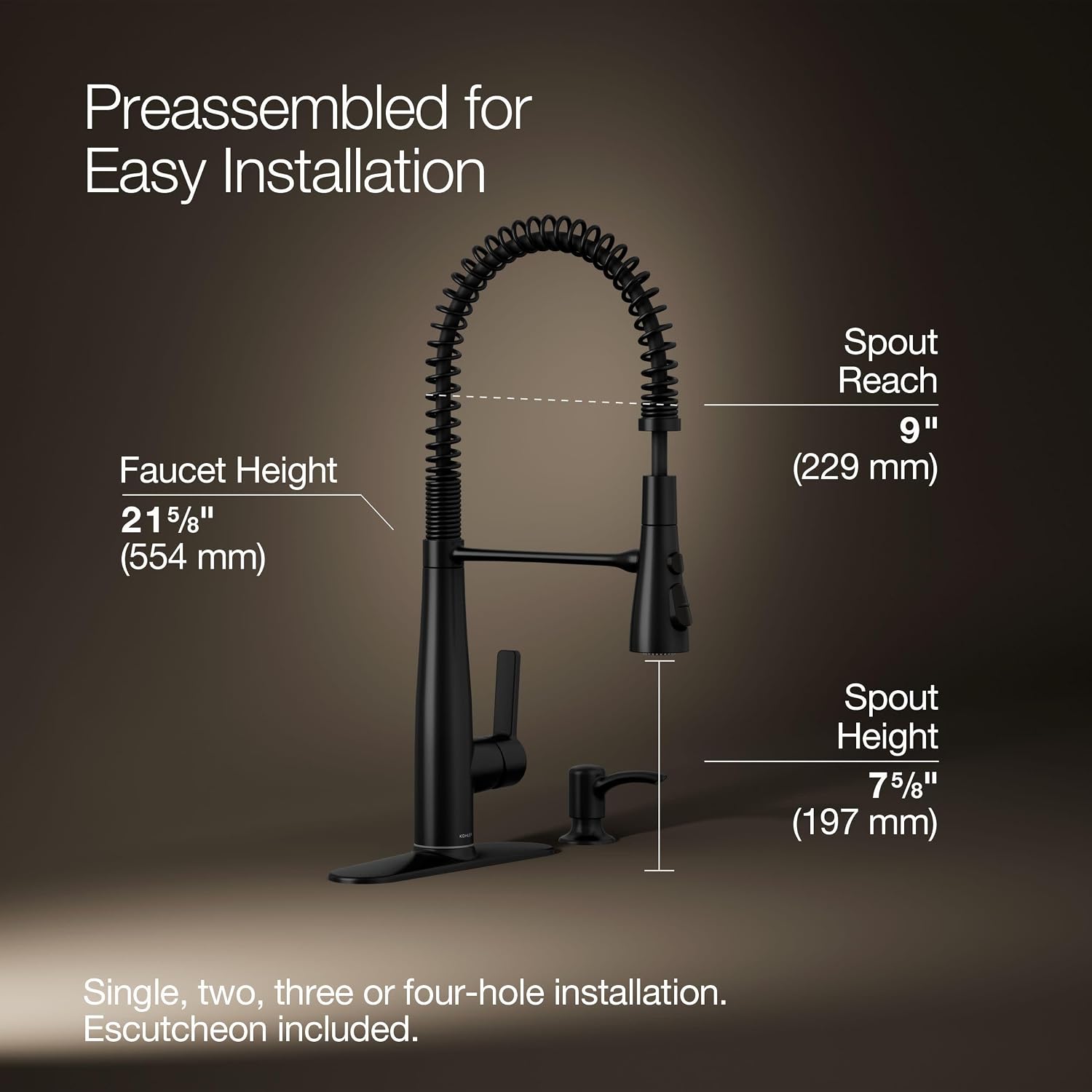 KOHLER K-REC22745-SD-BL Semi-Professional Kitchen Sink Faucets with Soap Dispenser, Commercial Kitchen Faucets with Pull Down Sprayer, Matte Black