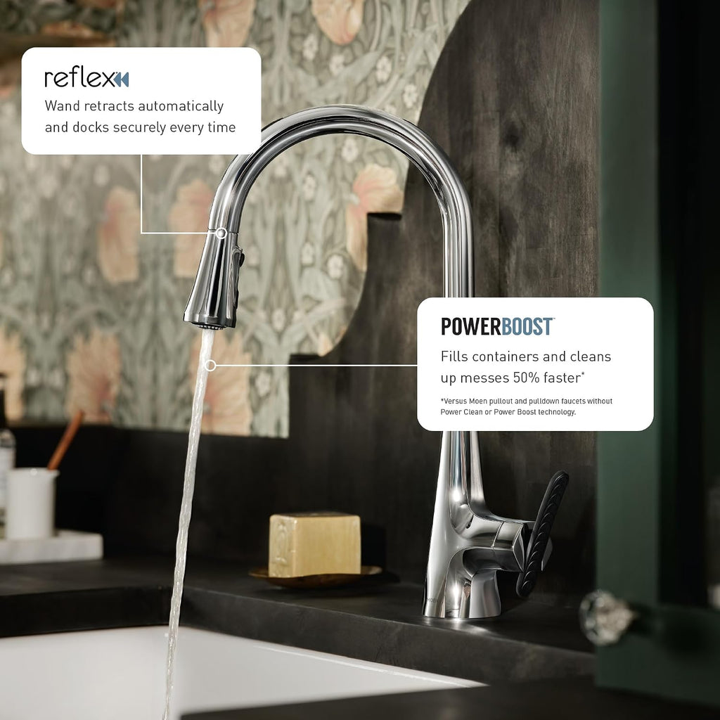 Moen Sleek Chrome Pulldown Kitchen Faucet Featuring Pull Down Sprayer with Power Boost, High Arc Modern Kitchen Faucet, One-Handle Easy Installation, 7864