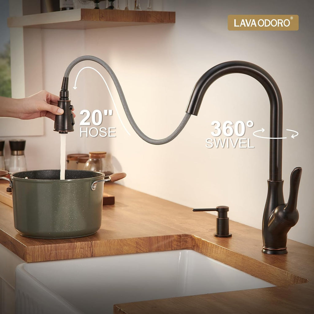 Oil Rubbed Bronze Kitchen Faucet with Pull Down Sprayer, Lava Odoro Bronze Kitchen Sink Faucet with Magnetic Docking Spray 3-Function, Brass Faucet for Kitchen Sink 1 Hole and 3 Hole, KF271-ORB