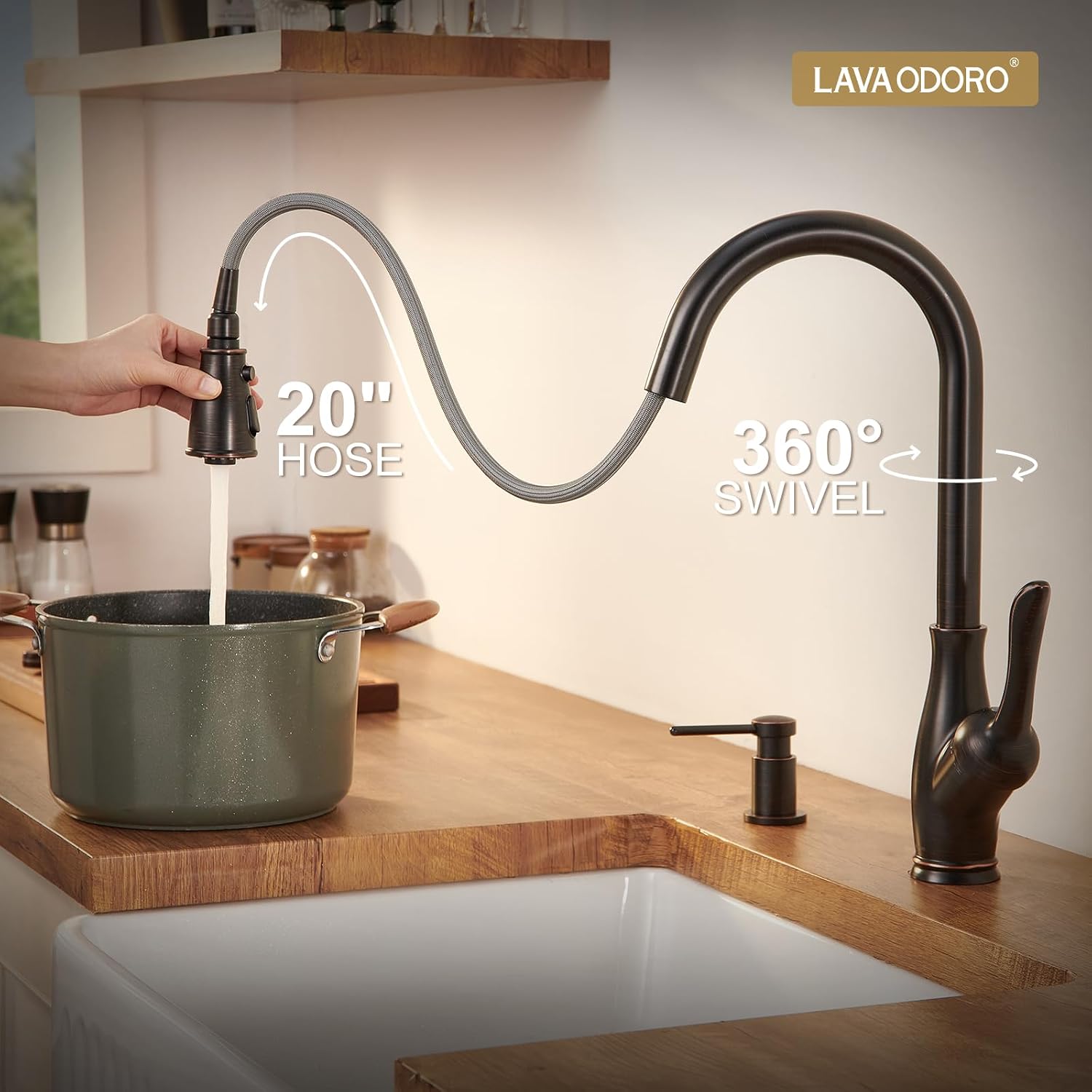 Oil Rubbed Bronze Kitchen Faucet with Pull Down Sprayer, Lava Odoro Bronze Kitchen Sink Faucet with Magnetic Docking Spray 3-Function, Brass Faucet for Kitchen Sink 1 Hole and 3 Hole, KF271-ORB