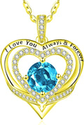 14K Gold Heart Necklaces for Women with Birthstone Pendant ，Double Hearts Necklace Jewelry Gift for Girlfriend Mom Anniversary Birthday Adjustable Chain 18' + 2' 'I Love You Always & Forever