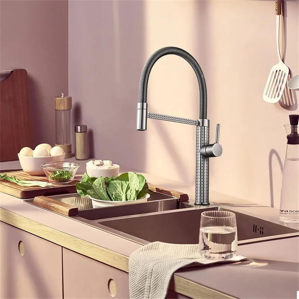 Carving Body Pull Out Kitchen Faucet Mixer Deck-Mount Sink Cold Hot Water Taps(Gray)